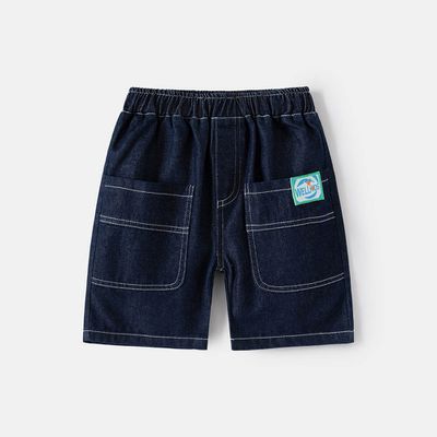 WELLKIDS - 腰鬆緊休閒牛仔五分褲-造型貼標-深藍