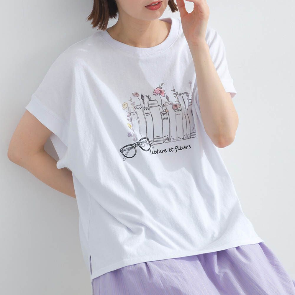 純棉知性印花法式袖T恤-白