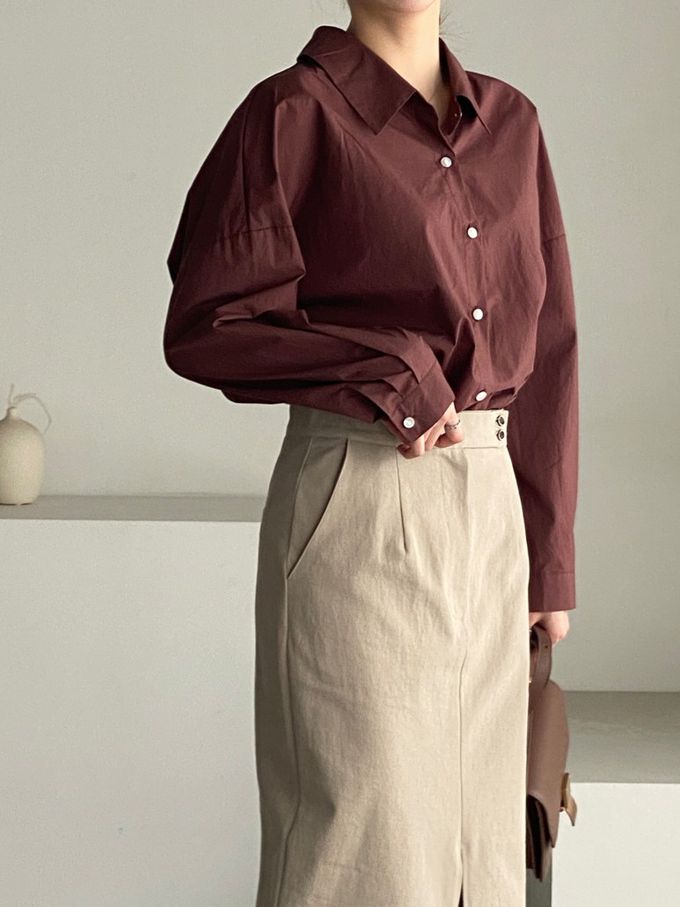 韓國女裝連線 - 知性背後抓褶翻領長袖襯衫-咖啡紅 (FREE)