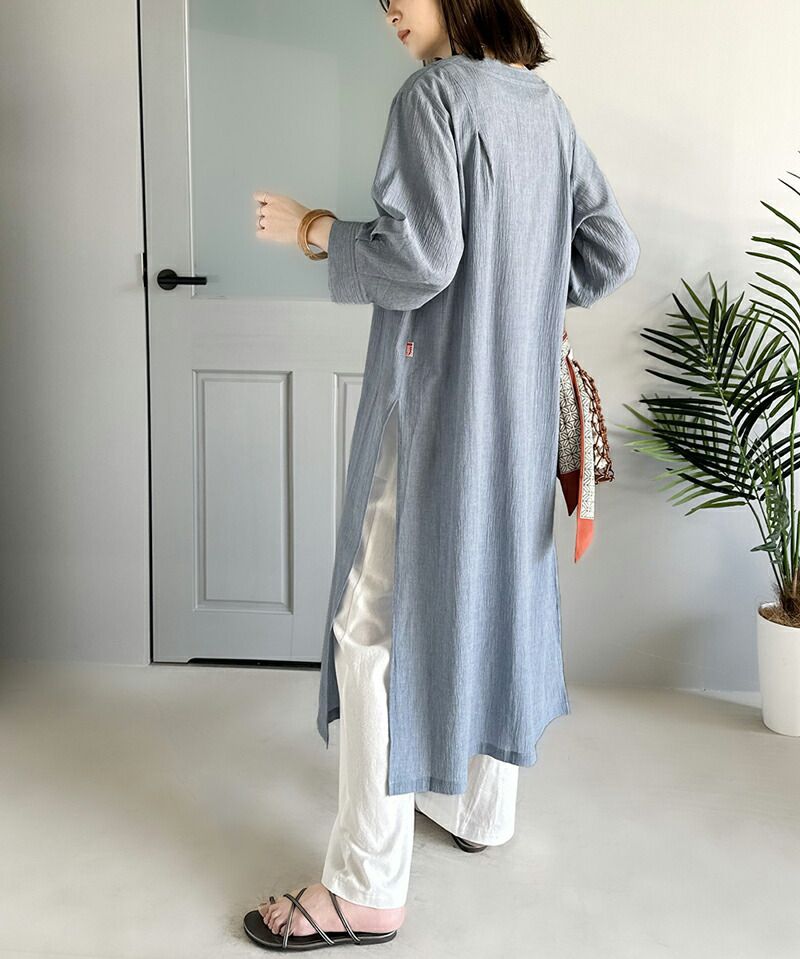 日本 Classical Elf - 透氣楊柳慵懶感開襟長袖洋裝-灰藍