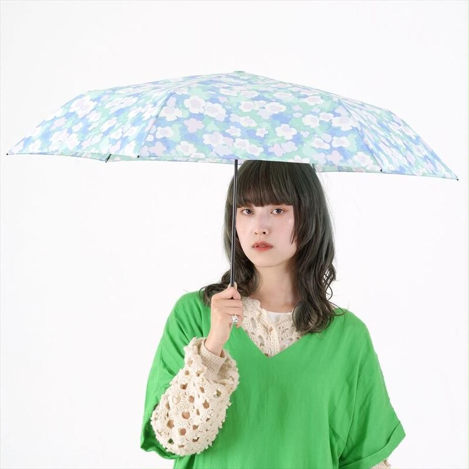 日本 nifty colors - 抗UV輕量 晴雨兩用折疊傘-春日綻放-藍綠 (直徑88cm/158g)