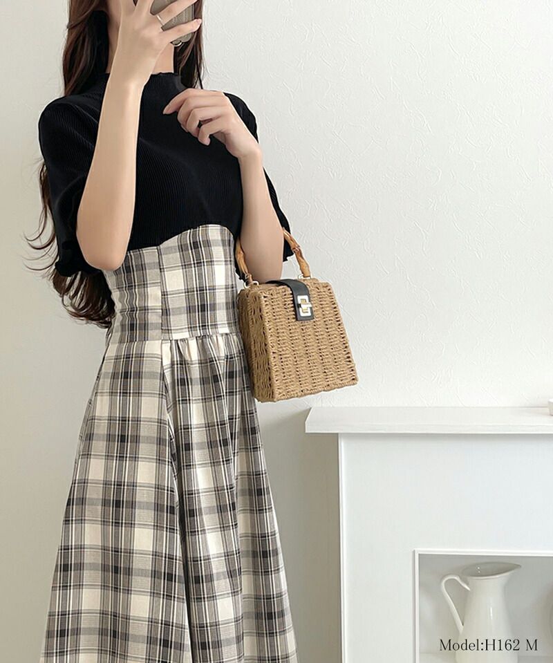 日本 Classical Elf - 浪漫格紋拼接後綁帶短袖洋裝-經典黑