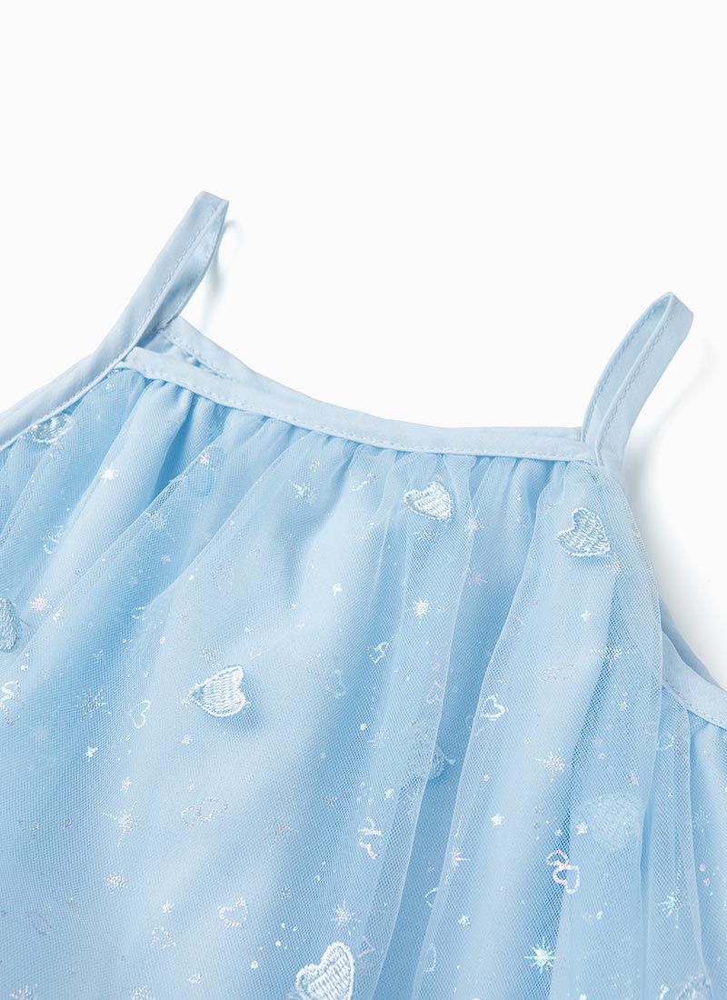 韓國 OZKIZ - 閃亮愛心網紗細肩帶背心洋裝-天空藍