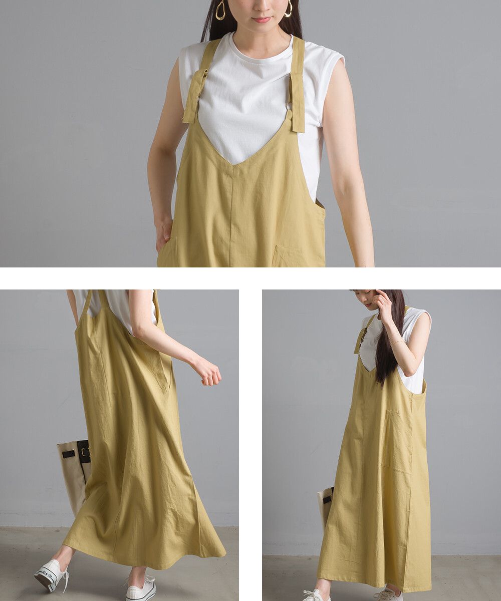 日本女裝代購 - V 領純棉斜紋吊帶裙-薑黃 (Free size)