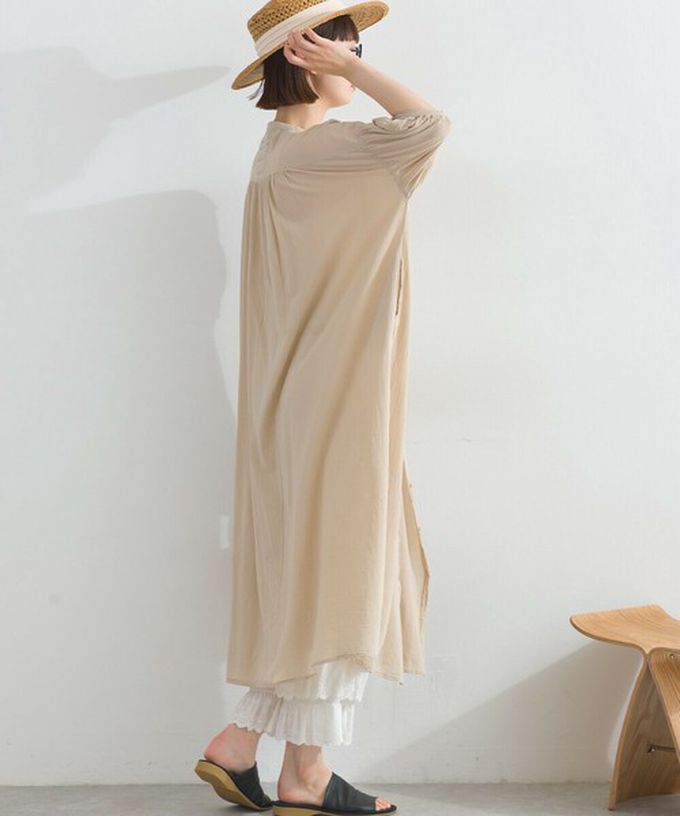 日本 Lupilien - 100%印度棉 輕盈巴里紗襯衫洋裝-淺卡其