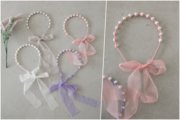 韓國 Merry Kate - 珍珠系緞帶髮帶-灰