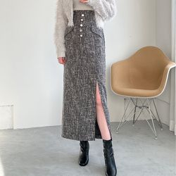 日本 GRL - 氣質金釦花呢側開叉合身長裙-夜黑