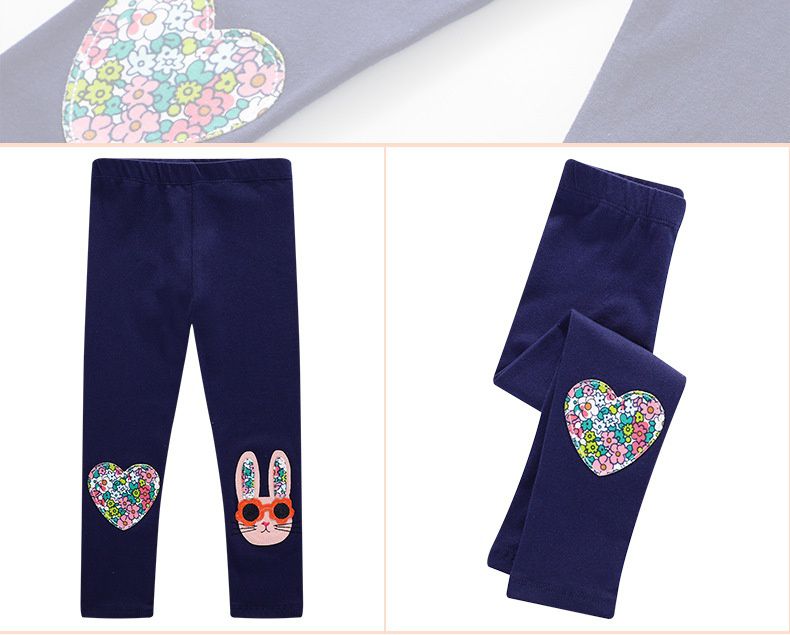 Jumping meters - 可愛刺繡立體腰鬆緊內搭褲-碎花兔兔-深藍色