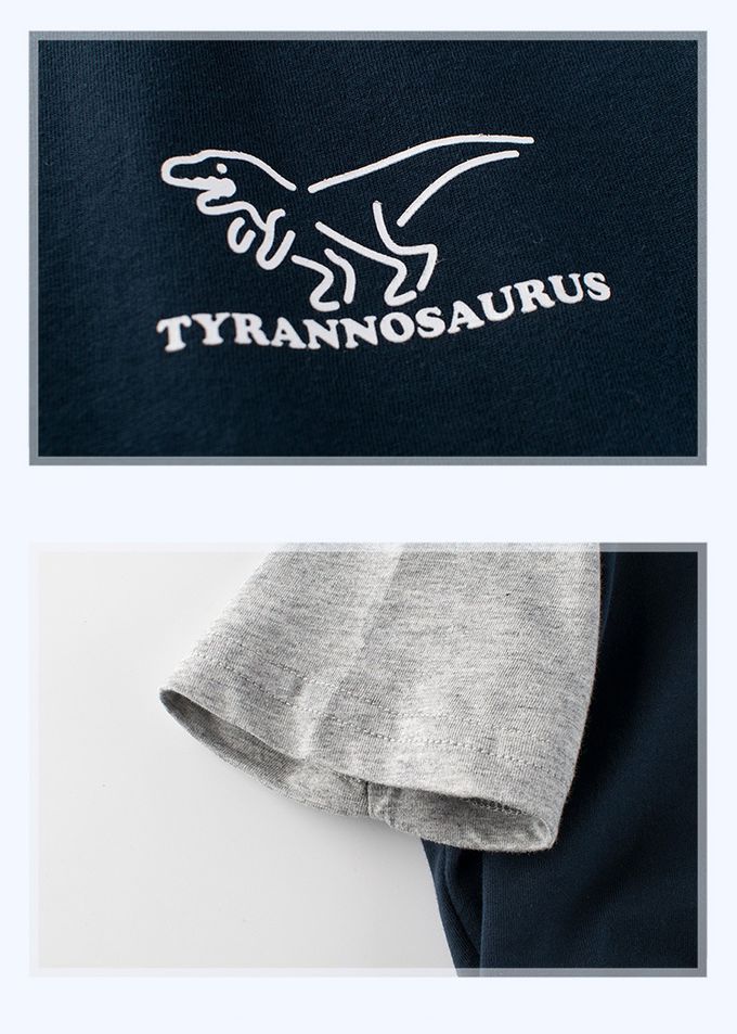 短袖棉T-拼色+小恐龍-灰+深藍+綠