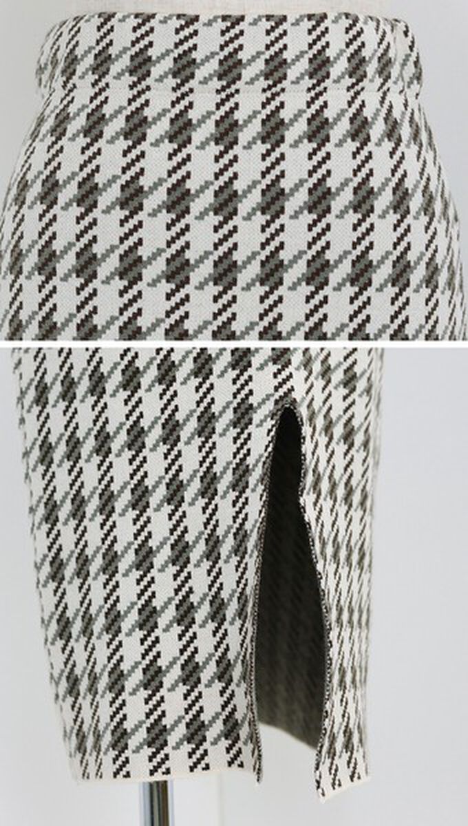 日本 BLUE EAST - 氣質千鳥格針織開叉合身長裙-黑灰