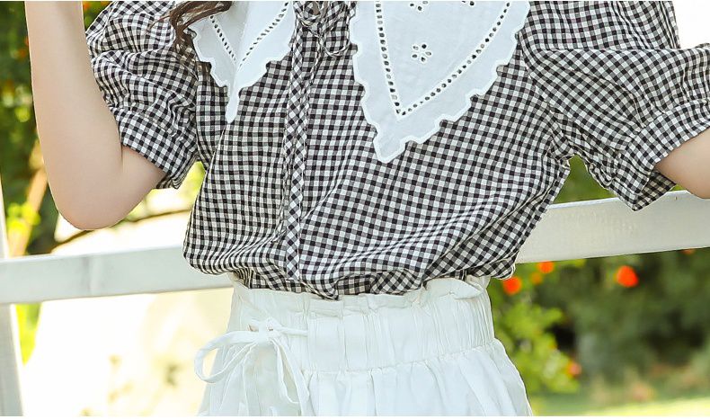 娃娃領短袖套裝-格紋上衣+花苞短褲-黑+白