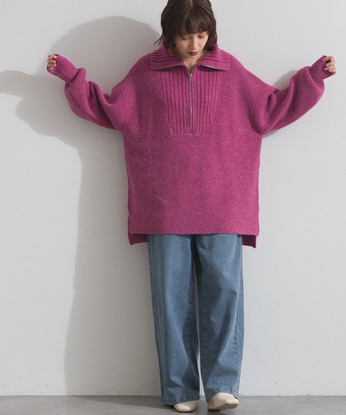 日本 ELENCARE DUE - 優雅線條感半拉鍊長版針織高領上衣-卡其