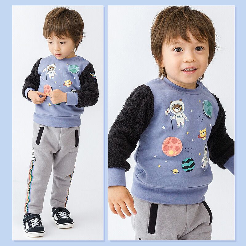 日本 ZOOLAND - 裏起毛印花長袖上衣-漫步宇宙-紫x黑