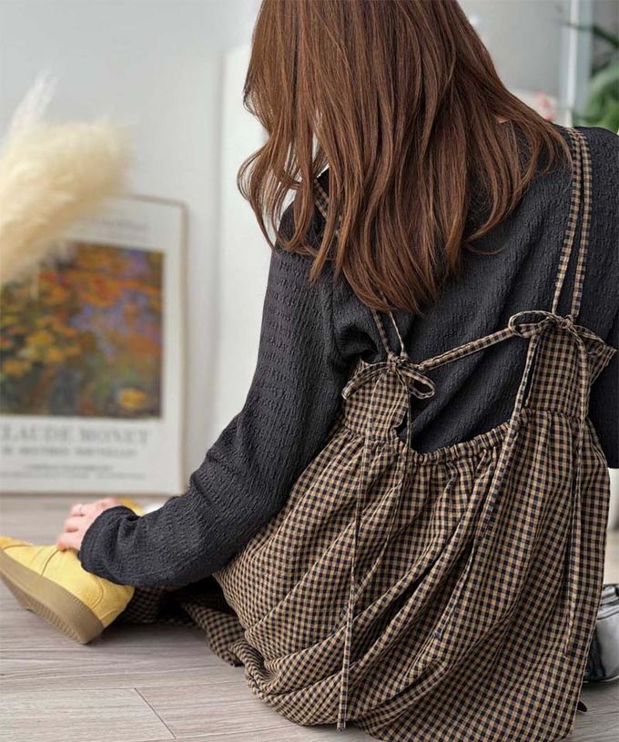 日本 Classical Elf - 成熟可愛感後綁帶吊帶洋裝-格子-灰黑