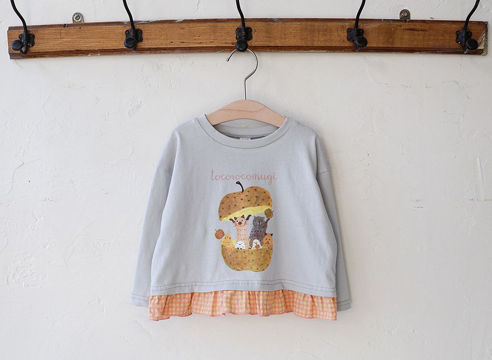 蘋果喵喵格紋點綴長袖上衣-淺灰藍X粉黃