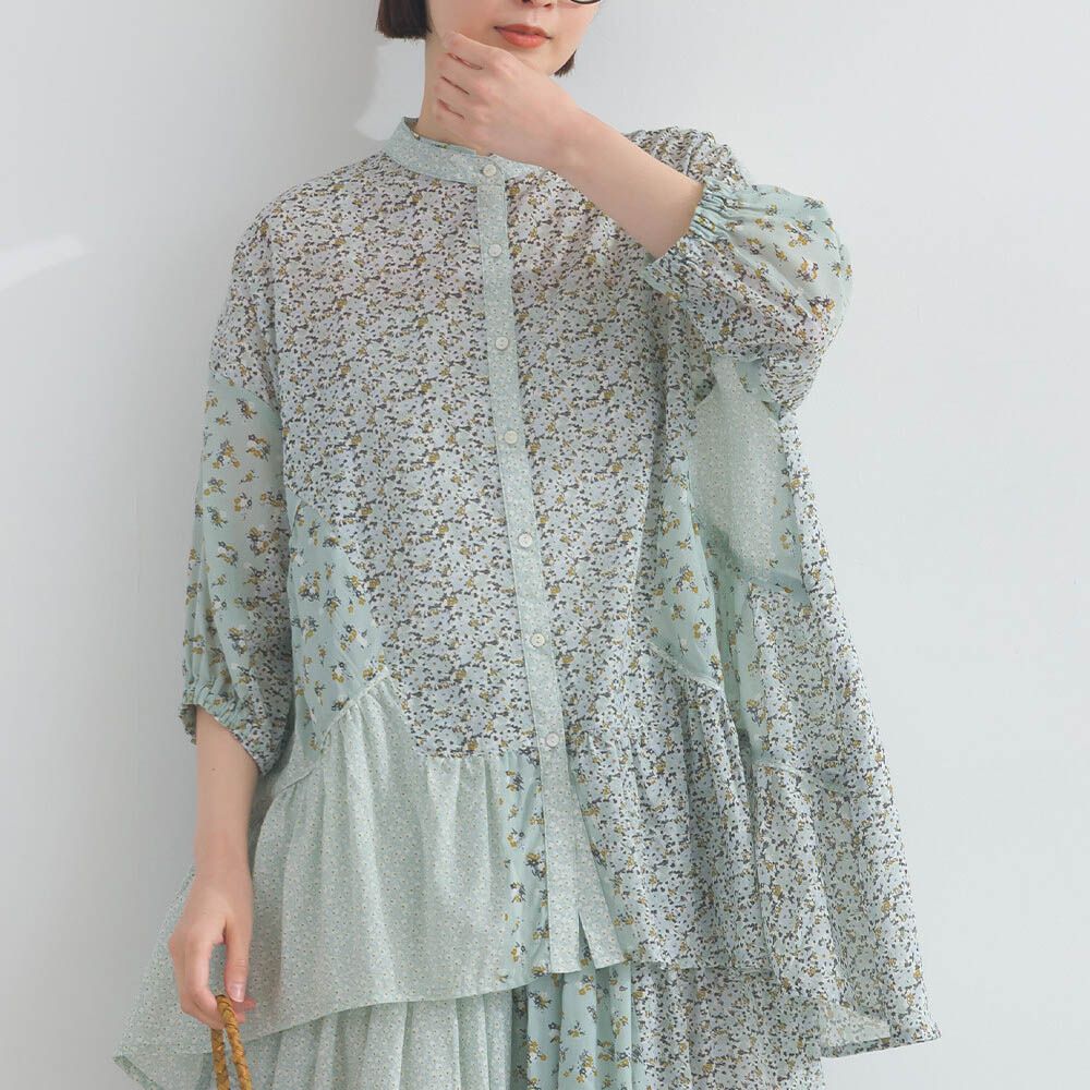 純棉巴里紗花朵拼布襯衫式上衣-薄荷綠