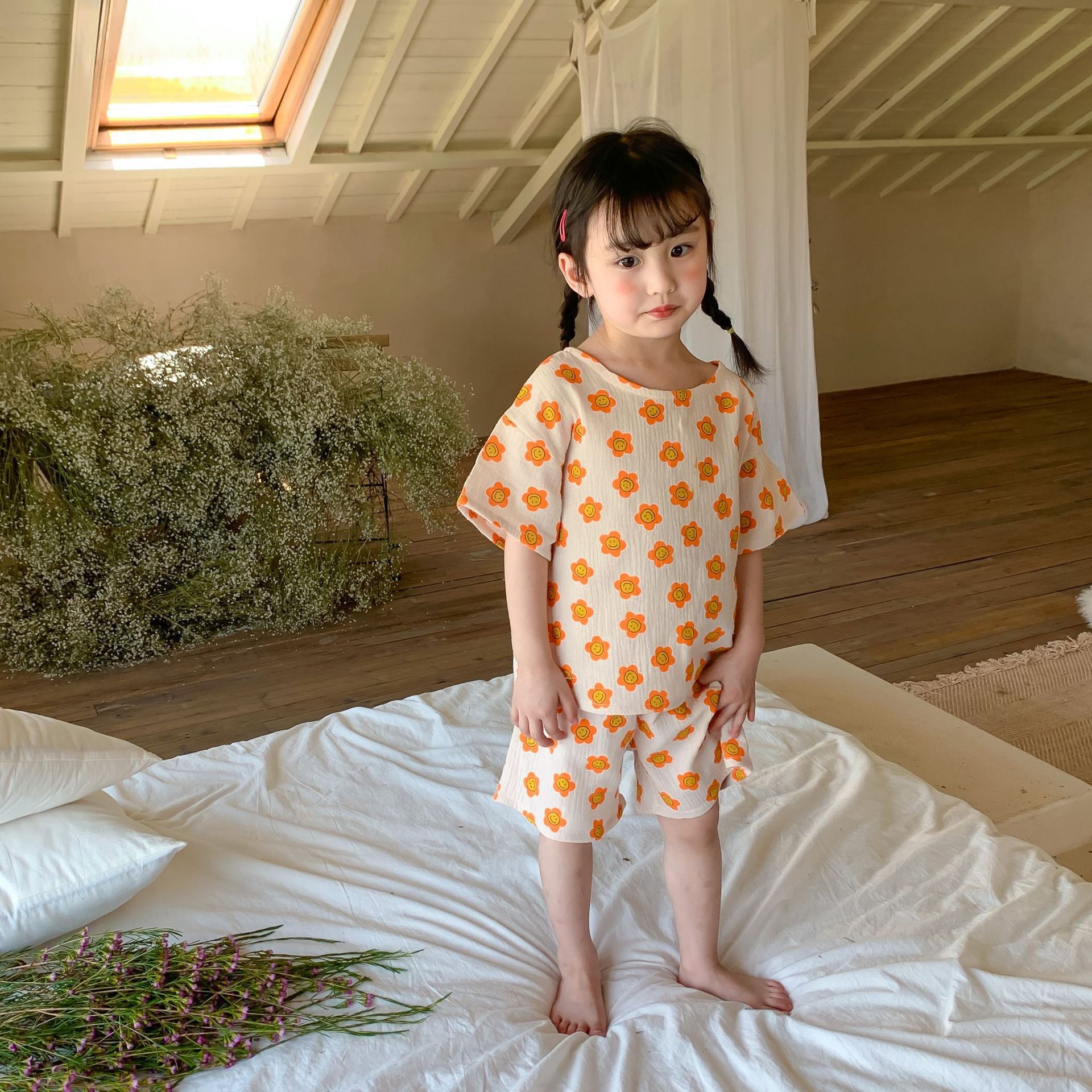 紗布棉短袖家居服套裝-小碎花-奶油色