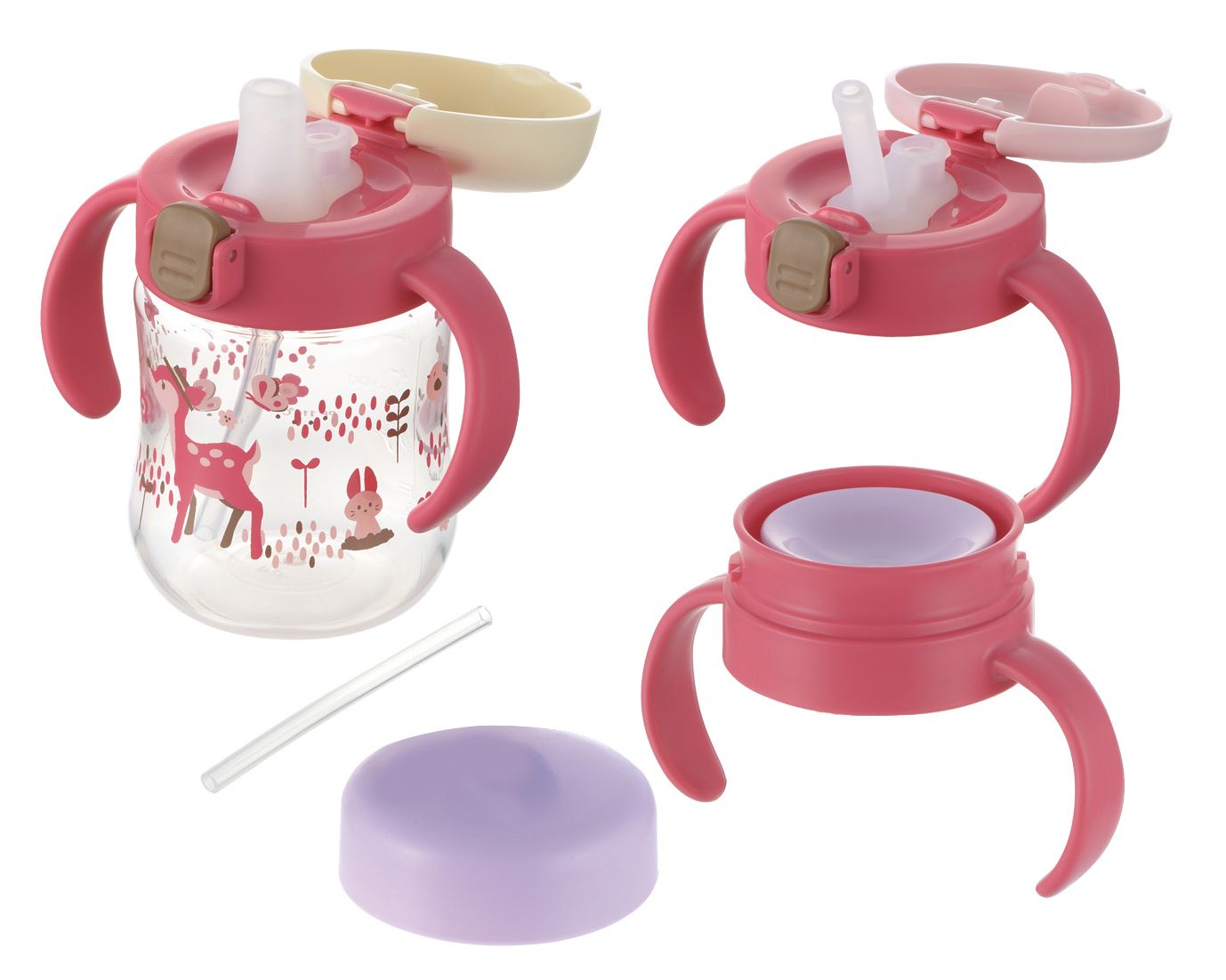 日本 Richell 利其爾 - 花間鹿三階段水杯禮盒組-鴨嘴水杯、360度直飲上蓋(含墊圈)、吸管上蓋(含墊圈、吸管組/1組)-紅/粉