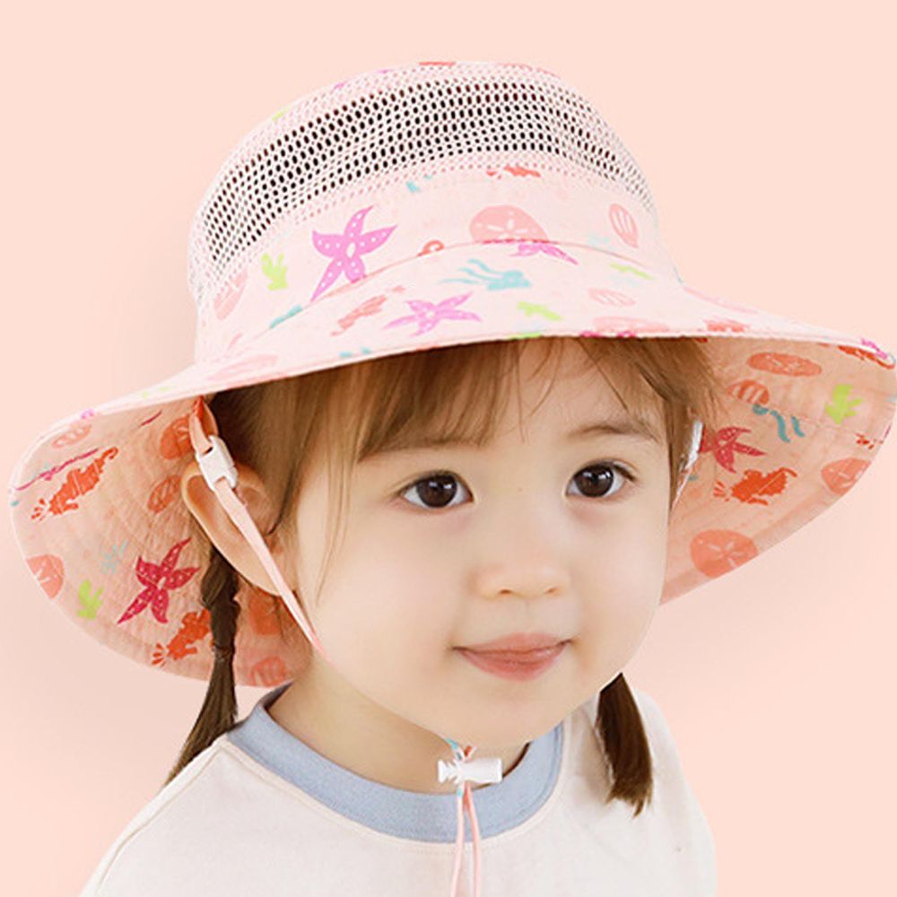 可調節兒童大帽簷防曬遮陽帽-海星-粉橘色