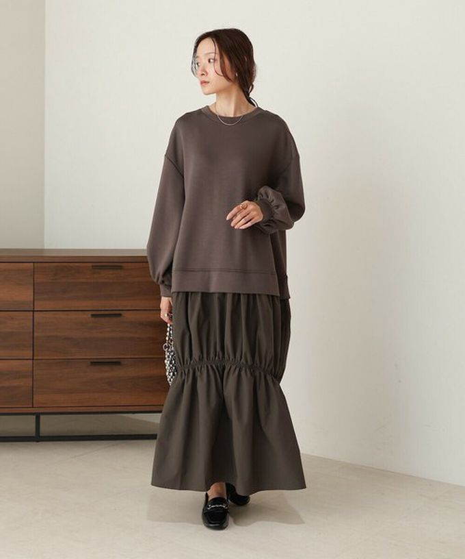 日本 Bab - 柔美造型皺摺拼接長袖洋裝-淺杏