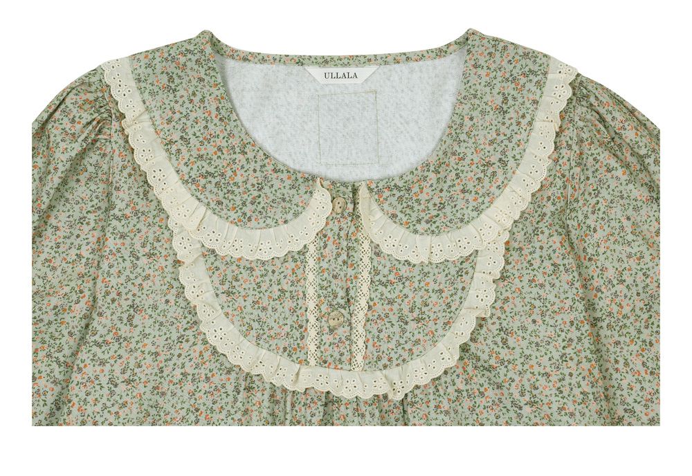 韓國 ULLALA - 浪漫碎花純棉長袖睡衣-(洋裝式)-薄荷綠 (FREE)