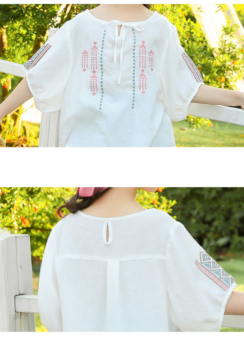 民族風五分袖套裝-民族風刺繡上衣+牛仔短褲-白色