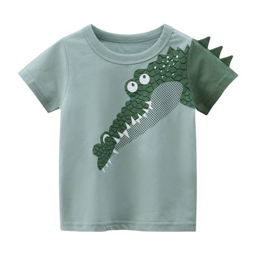 27KIDS - (立體)純棉短袖上衣-3D恐龍偷看-綠色