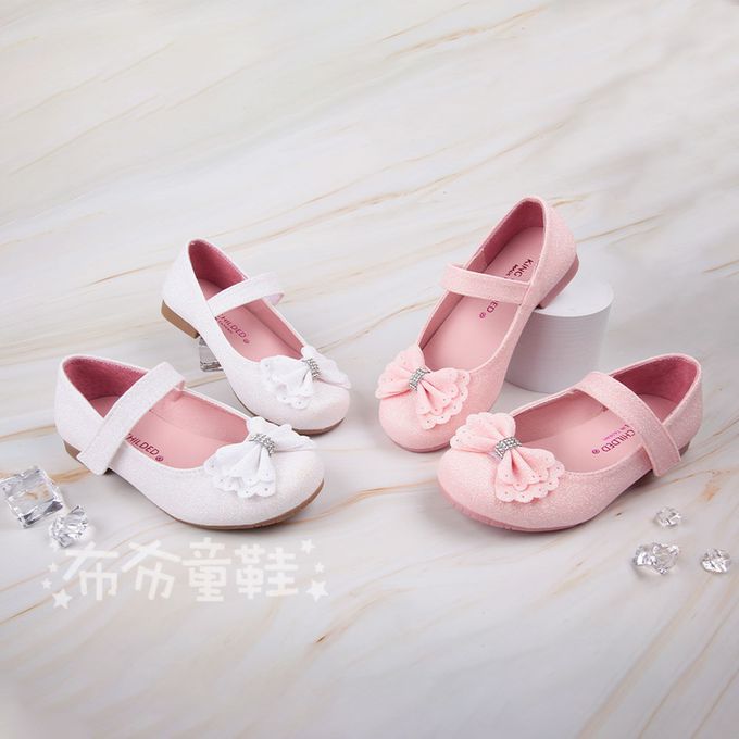 閃閃粉亮蝴蝶結鑽飾白色公主鞋-白色