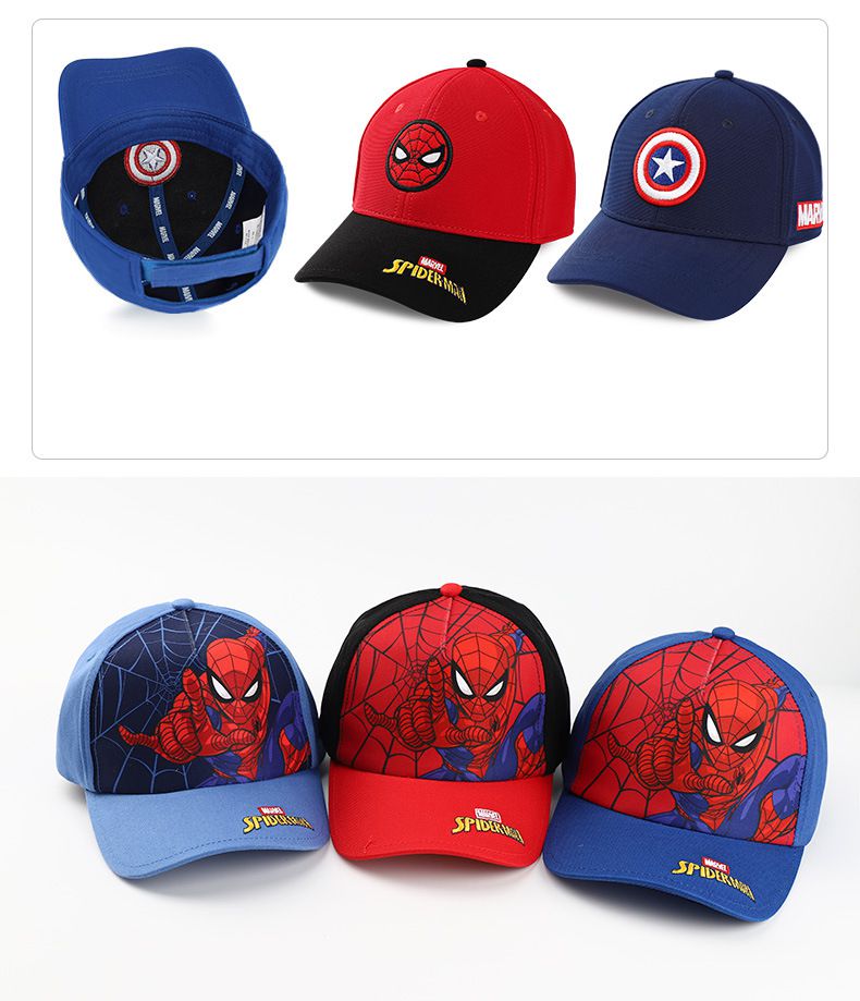 卡通英雄兒童棒球帽-蜘蛛人眼睛(黃英文字)-紅+深藍
