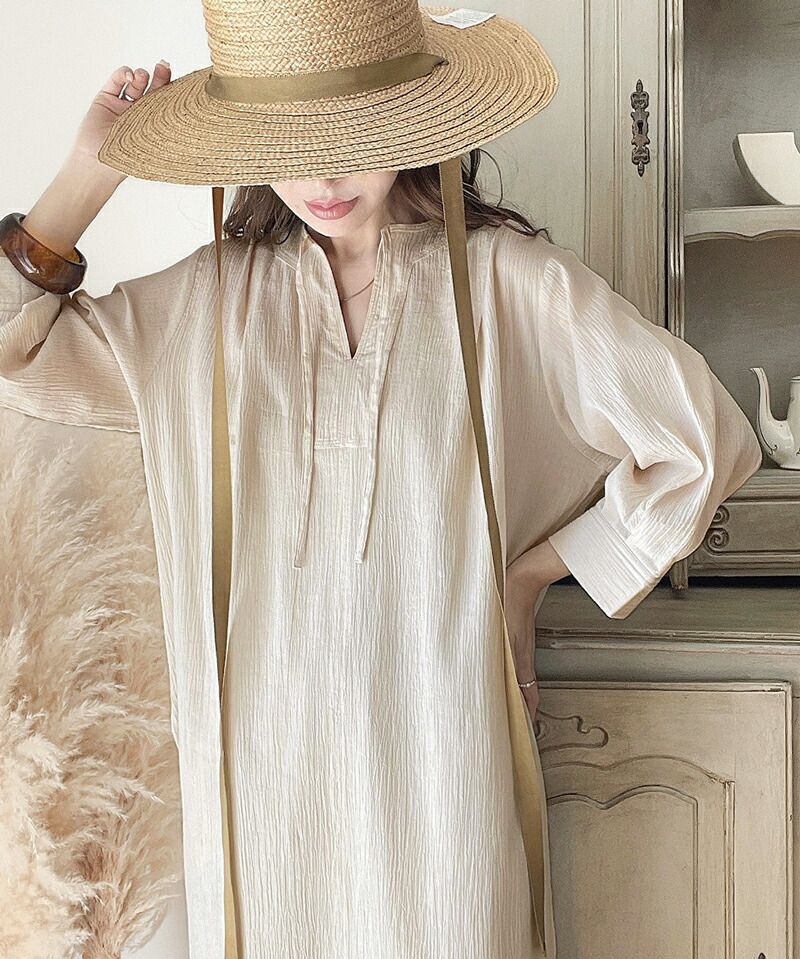 日本 Classical Elf - 透氣楊柳慵懶感開襟長袖洋裝-灰藍