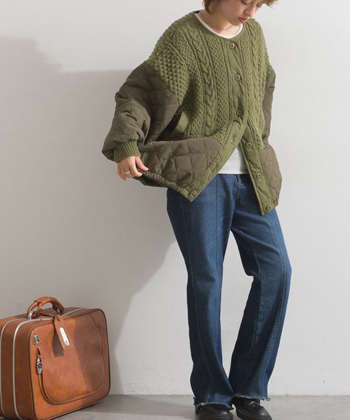 日本 Lupilien - 立體麻花絎縫拼接無領保暖外套-黑