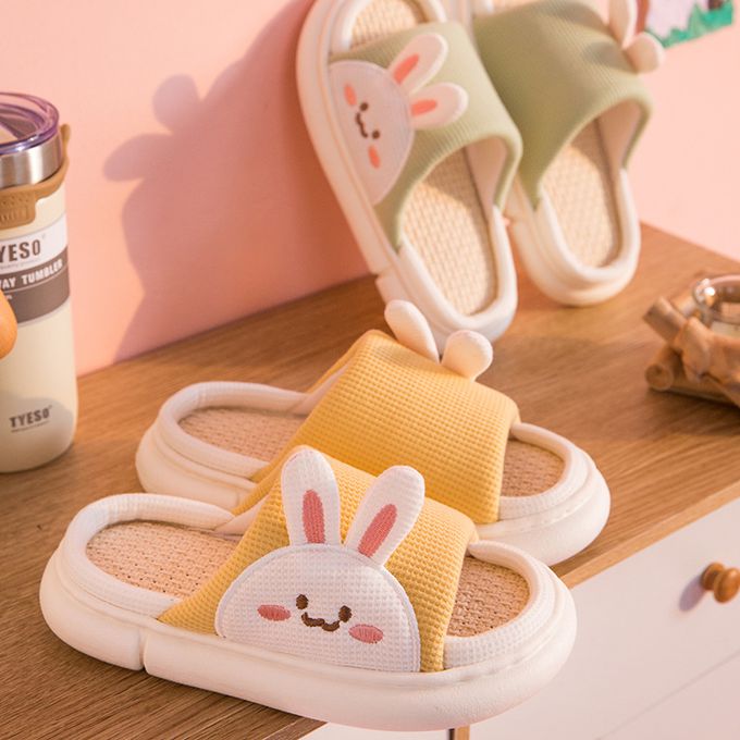 厚底海綿感亞麻室內拖鞋-熊熊-藍色