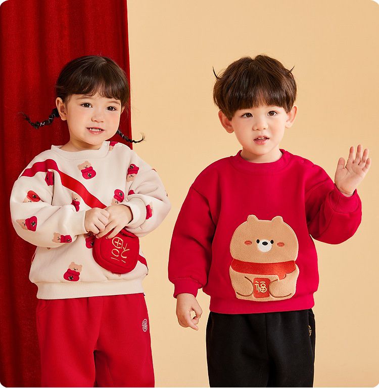 加絨喜氣洋洋長袖上衣-福氣熊熊-紅色