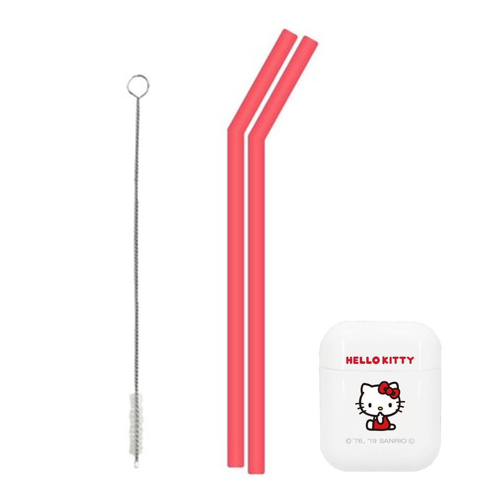 日本 Hashy - 便攜型矽膠吸管兩入組(附收納盒+清洗刷)-Hello Kitty-紅 (直徑7mm*18.5cm)