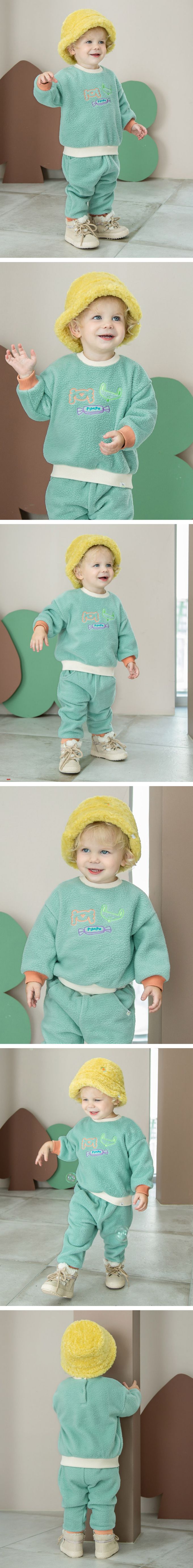 韓國Pimpollo - 手繪動物泰迪絨毛長袖套裝-湖水綠