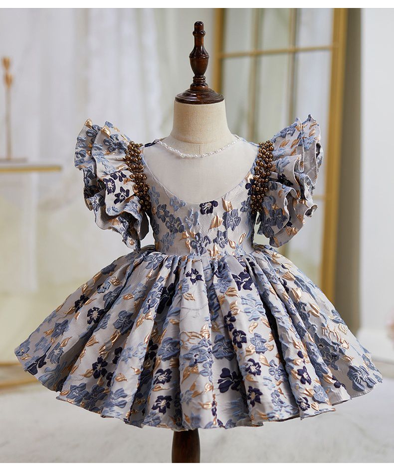 復古宮廷風刺繡大飛袖禮服-滿版小花-復古藍