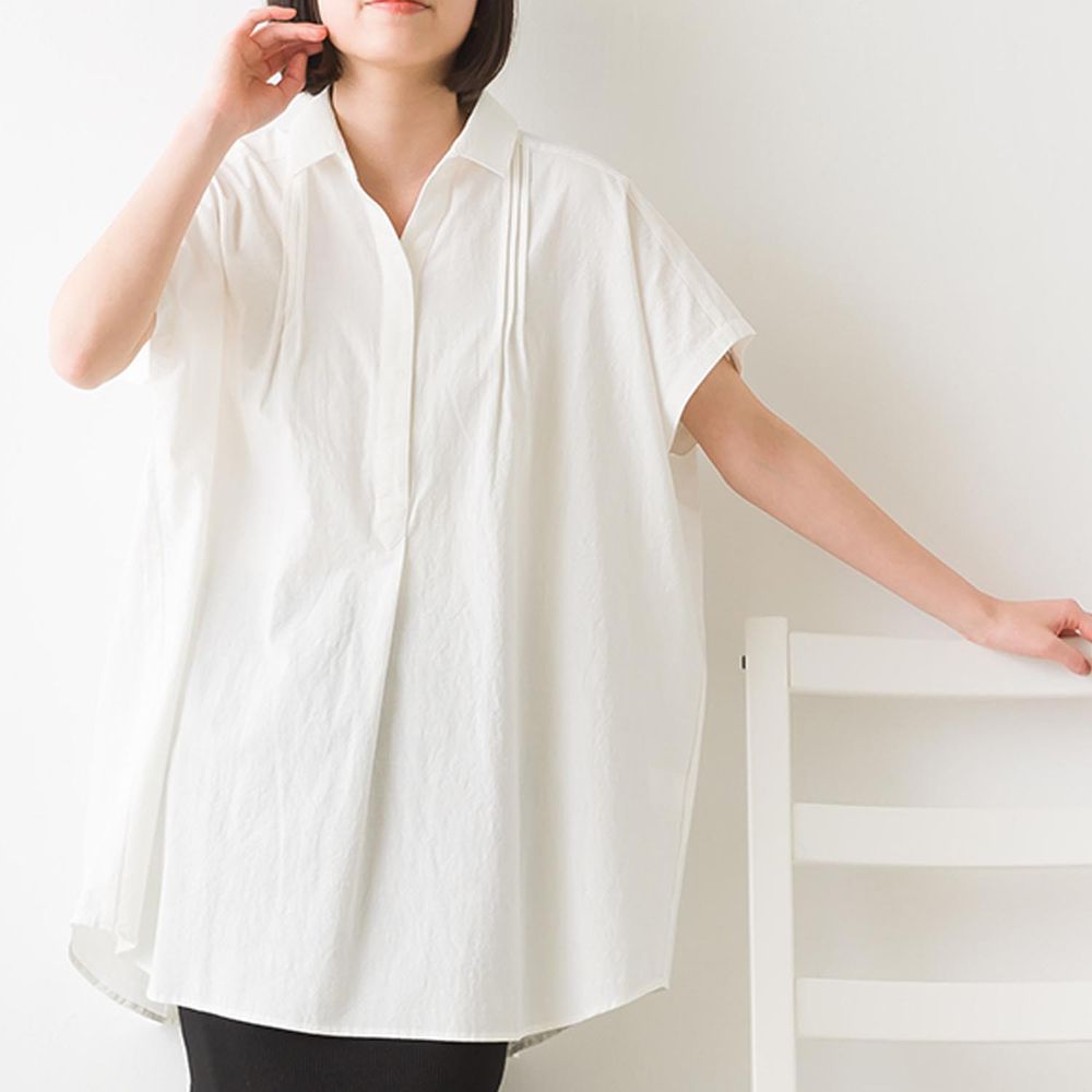 日本 OMNES - 100%棉 透氣寬鬆短袖襯衫-米白