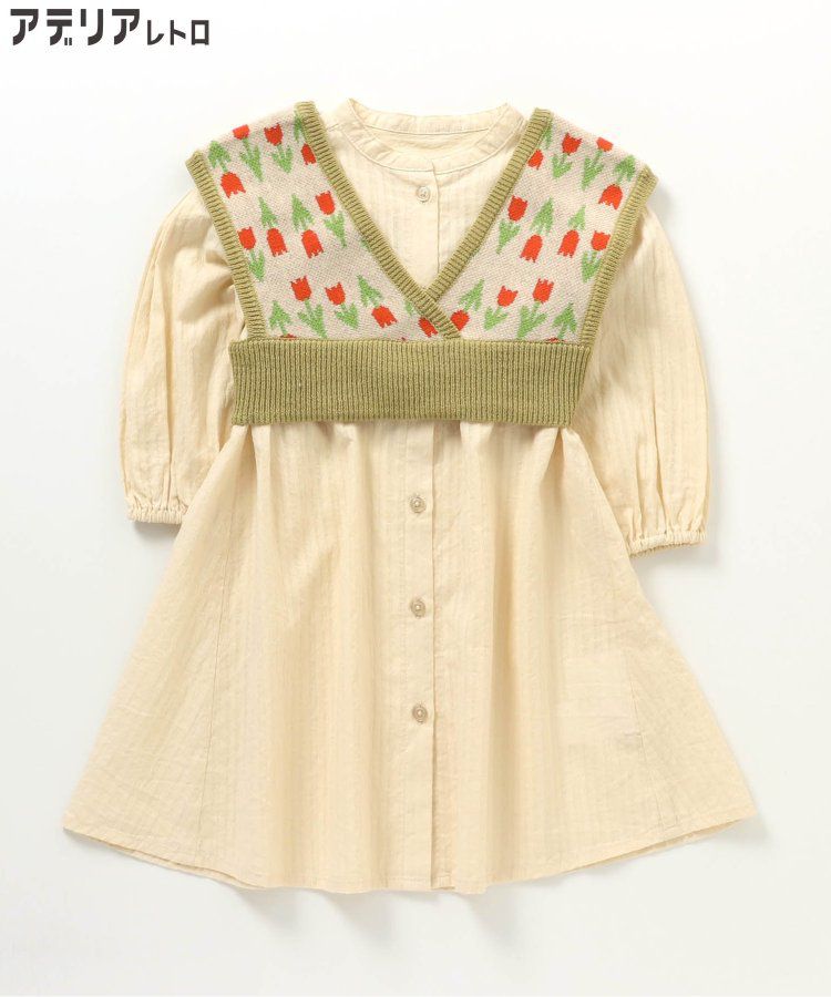 日本 BREEZE - 聯名款 昭和風針織背心x長袖洋裝-優雅鬱金香-黃綠