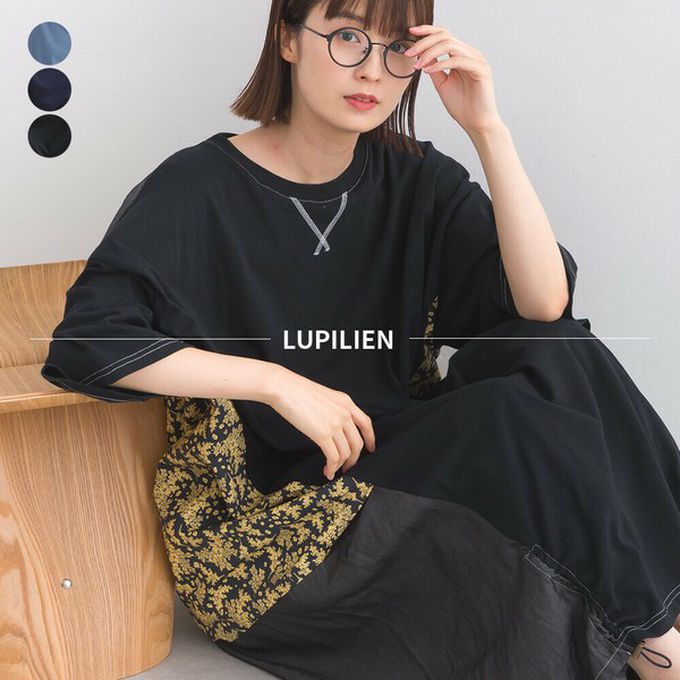 日本 Lupilien - 異素材花朵拼布清新五分袖洋裝-黑