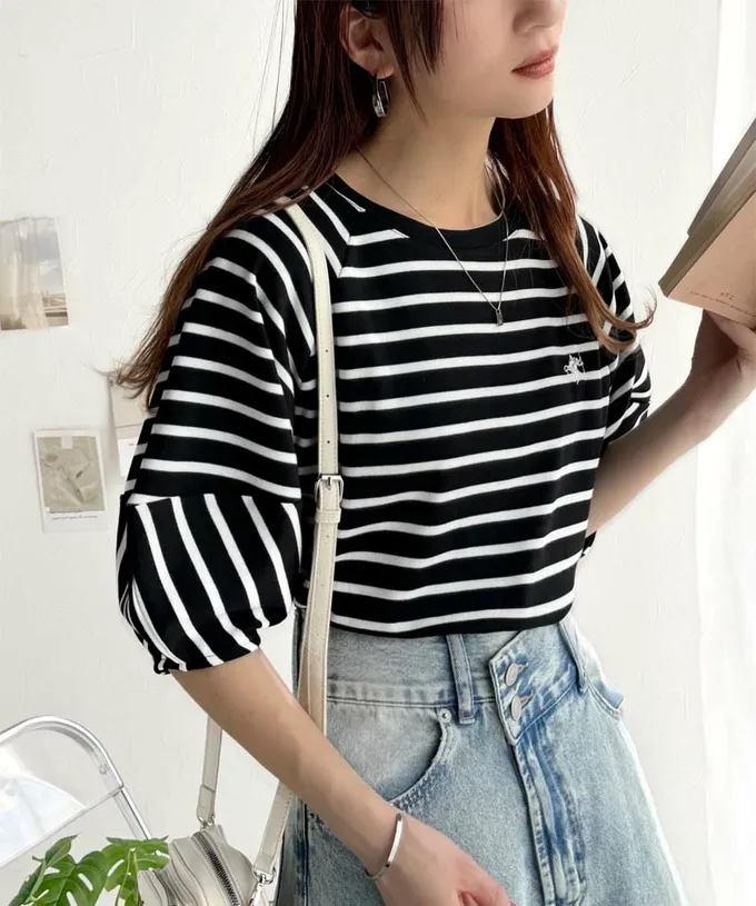 日本 Classical Elf - 定番條紋logo刺繡燈籠短袖上衣-黑底