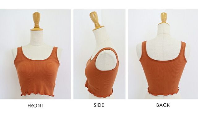 日本 BLUE EAST - 木耳滾邊短板無袖背心上衣(附罩杯)-橘