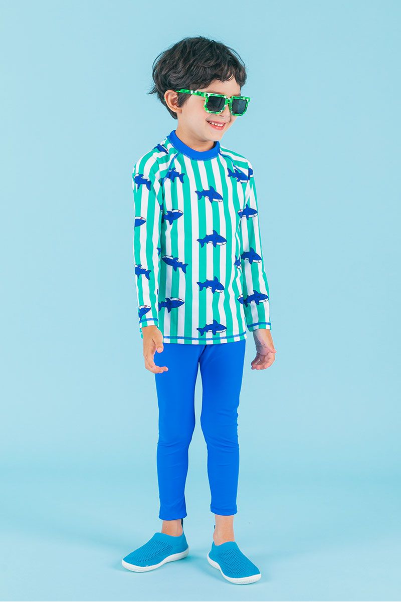 韓國 OZKIZ - 抗UV防曬兒童泳裝-三件組-條紋鯊魚