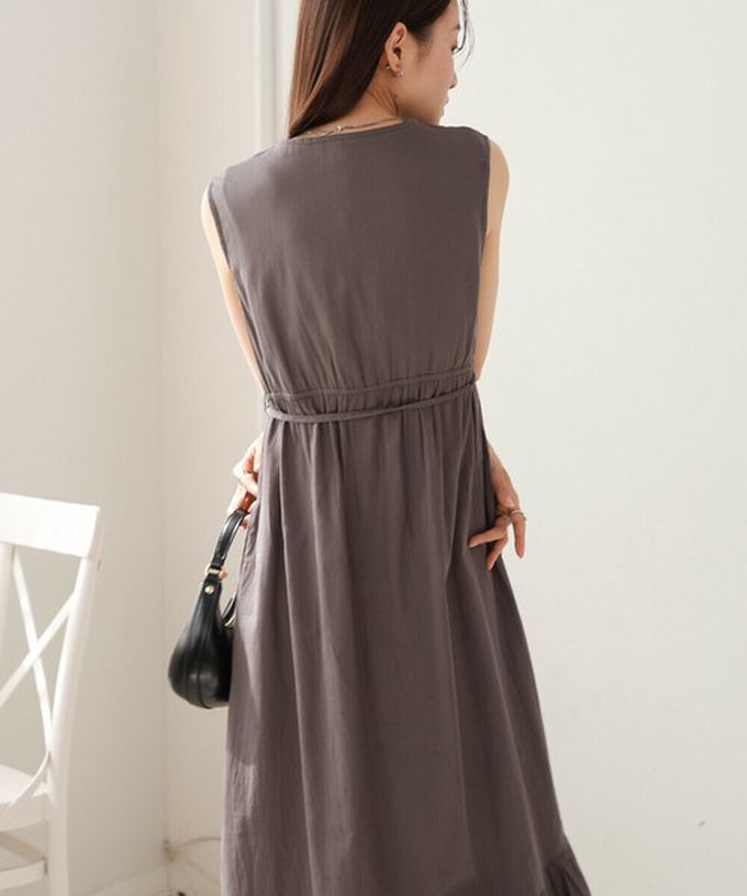 日本 Bab - 100%印度棉刺繡腰綁帶無袖洋裝-象牙