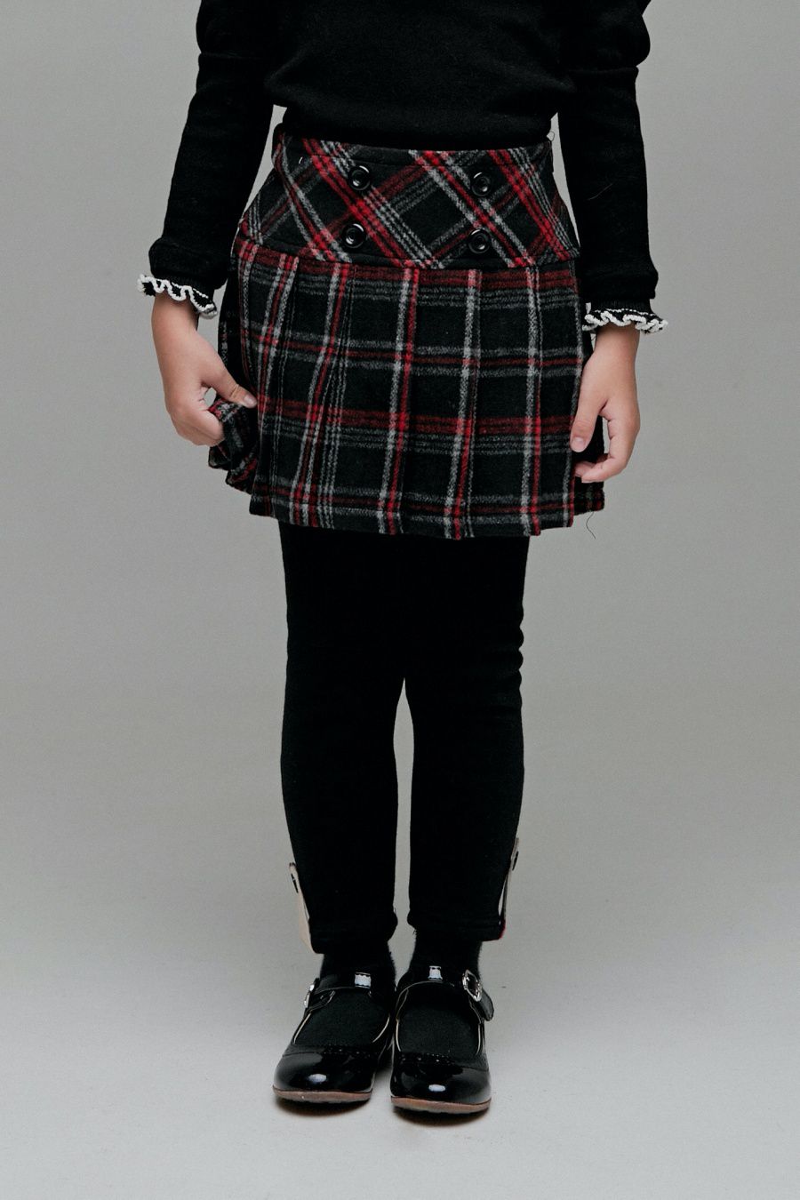 韓國 Coco Bang - 格紋學院風百褶裙-黑X紅