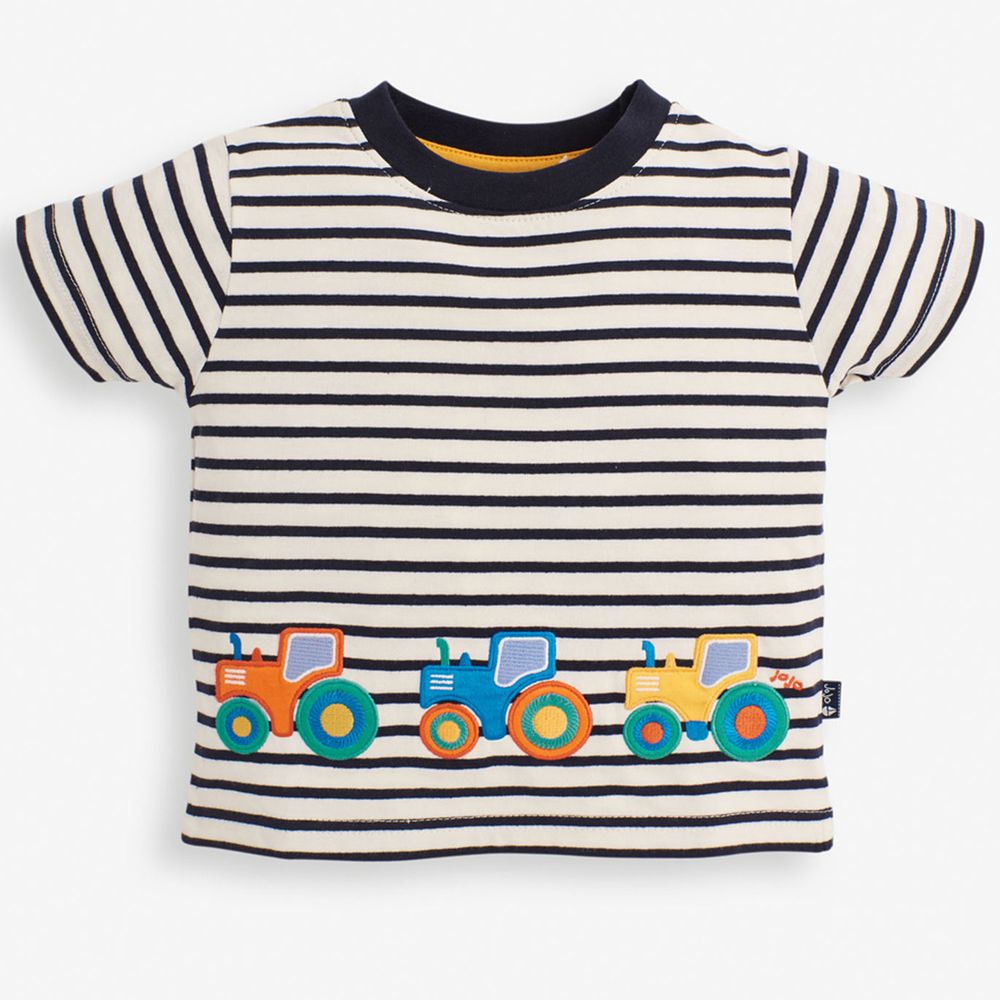 英國 JoJo Maman BeBe - 超優質嬰幼兒/兒童100％純棉短袖上衣/T-shirt/動物T-條紋拖拉機