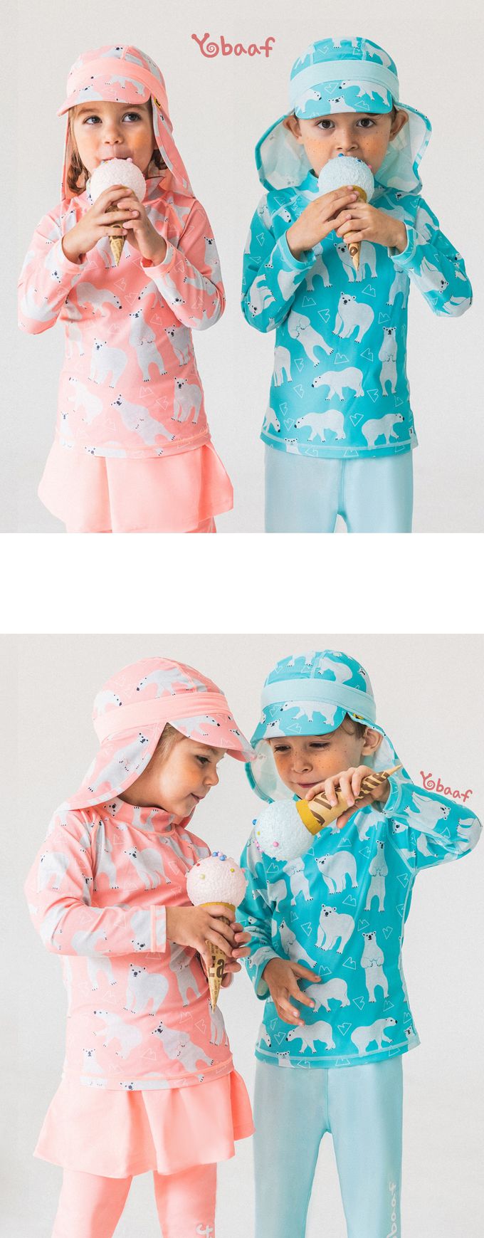 韓國 Yobaaf - UPF50+兒童兩件式防曬泳裝-北極熊-粉