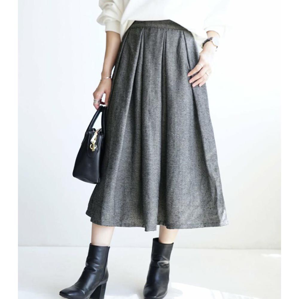 日本 zootie - 羊毛混紡層次打褶修身長裙-人字紋-深灰