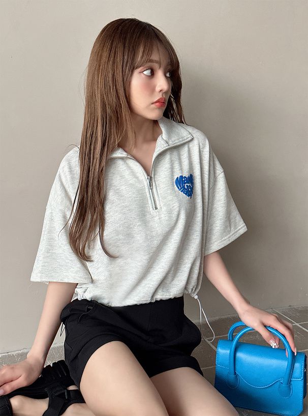 日本 GRL - 英文立體印花翻領短T-燕麥灰 (F)