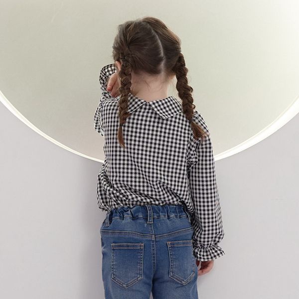 日本 Lycee mine - 大蝴蝶結優雅糖果袖襯衫-格子-卡其