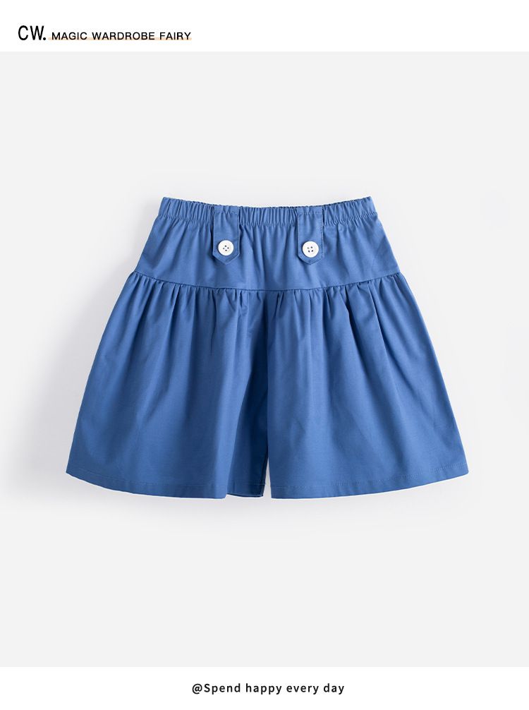 純棉腰鬆緊短褲-裝飾鈕扣-藍色